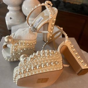 Jimmy Choo size 7 White Satin Platform Sandals with All-Over Pearl Embellishment